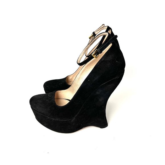 Authentic PRADA Black Suede Platform Wedge High Pumps 38.5 8 - Picture 3 of 10